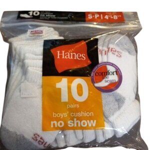 Hanes Size S 4 1/2-8 1/2 No Show Socks Boys Cushion 10-Pack White Gray NEW